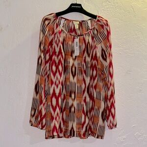 NWT CHICO’S CUTOUT TUNIC TOP LONG SLEEVE PINK & BROWN SIZE 3 equals XL